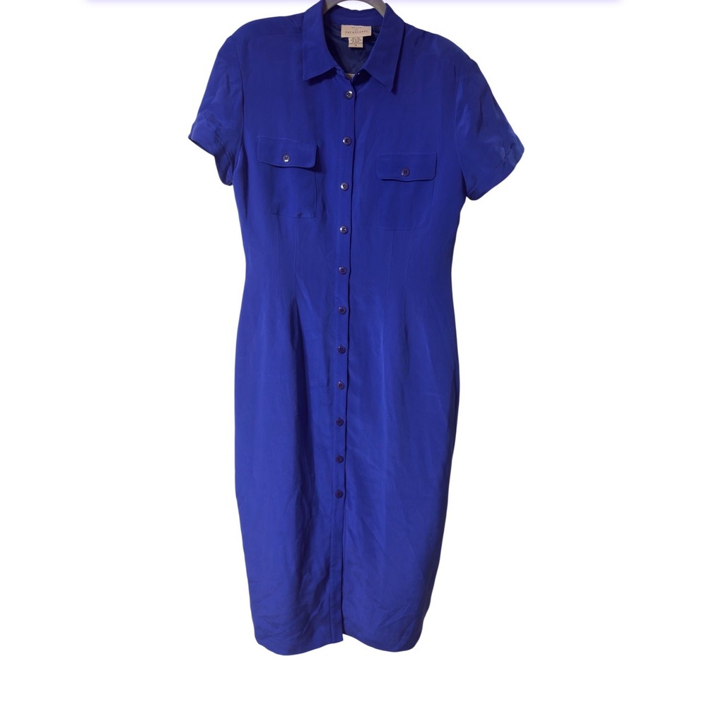 Pat Argenti Vintage‎ 100% Silk Royal Blue Button Front Midi Shirt Dress Size 14